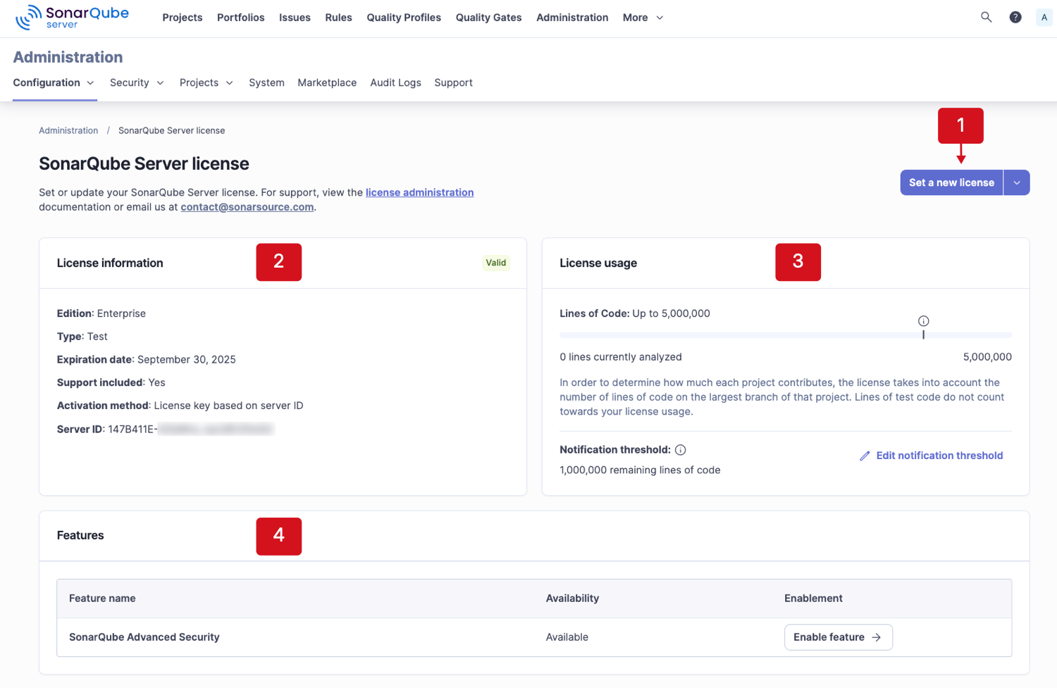 The license administration page for SonarQube Server