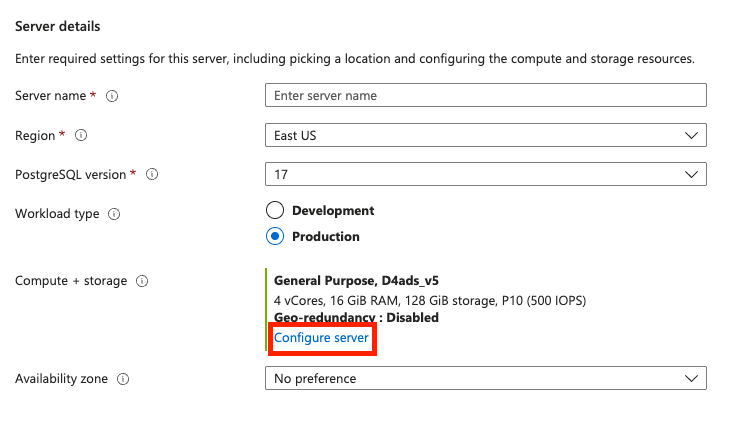 In the Server details of your primary Azure database, select Configure server