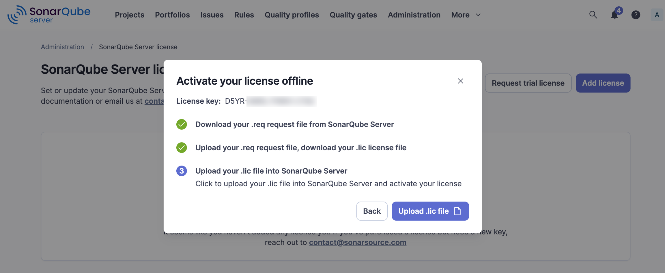 Uploading .lic file during offline license activation