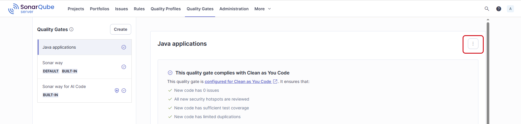 Select the three-dots menu to copy an existing SonarQube Server quality gate that you want to customize.