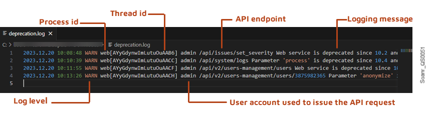 The screenshot highlights the line-by-line information available in the SonarQube deprecation logs.