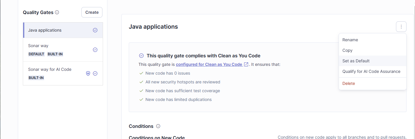 Any quality gate can be selected as your DEFAULT quality gate in SonarQube Server. Simply navigate to the three-dot menu of your quality gate and select Set as Default.