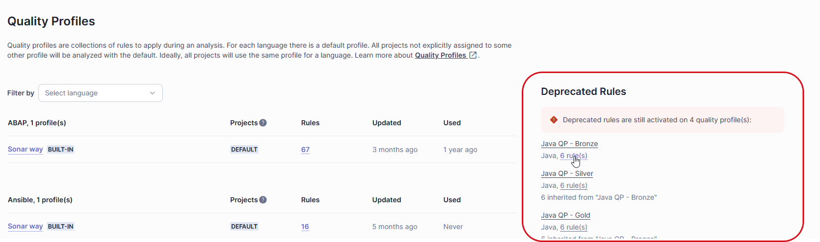 When maintaining your quality profile, also pay attention to the Deprecated Rules section on the Quality Profiles page.