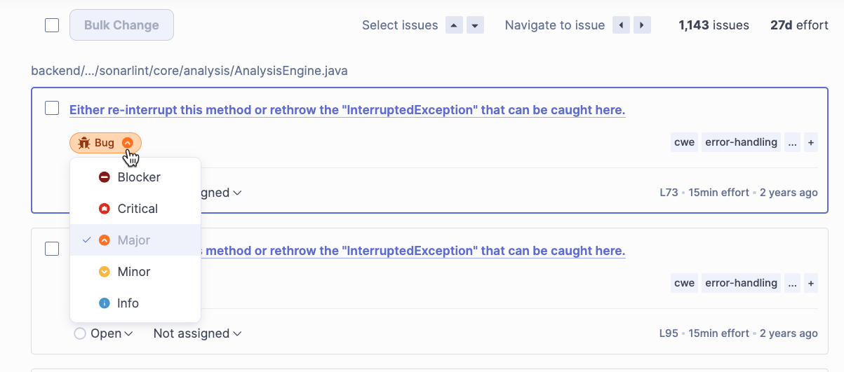 Changing the severity level of an issue in SonarQube.