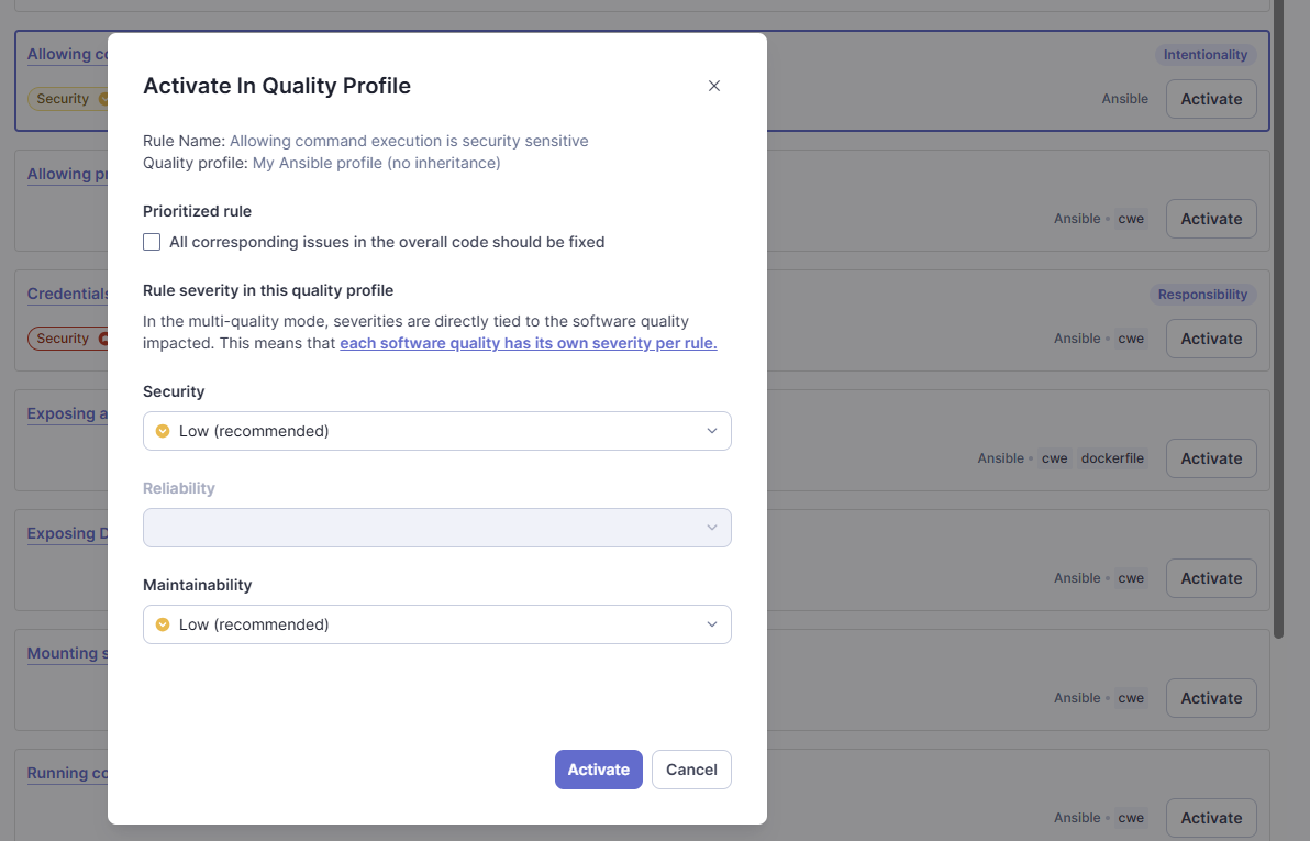 To add a rule to your quality profile in SonarQube Server, select Activate from any rule in your list of Inactive rule rules.